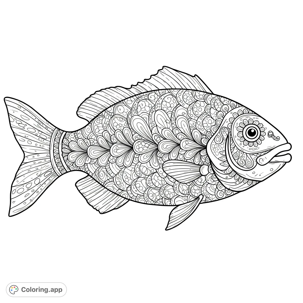 Dive into creativity with this intricate patterned fish coloring page. Features detailed scales and fins, perfect for mindful coloring and artistic expression.