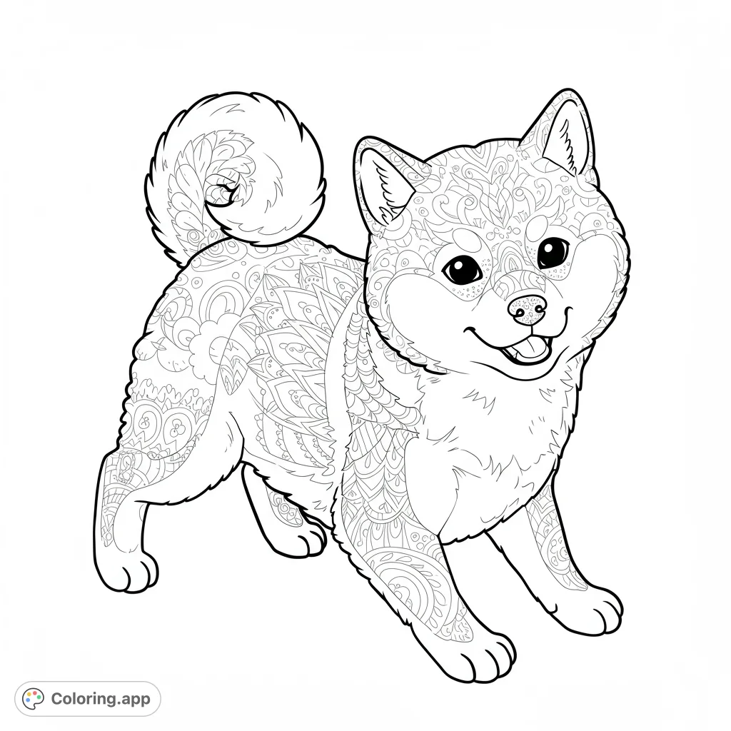 A delightful Shiba Inu coloring page featuring intricate, mandala-like patterns across its fur, perfect for detailed coloring and relaxation.