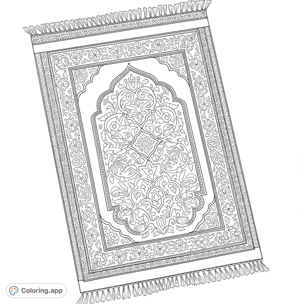 Discover an intricate prayer rug coloring page featuring detailed floral patterns, a central arch, and elegant borders. A free printable design for all ages.