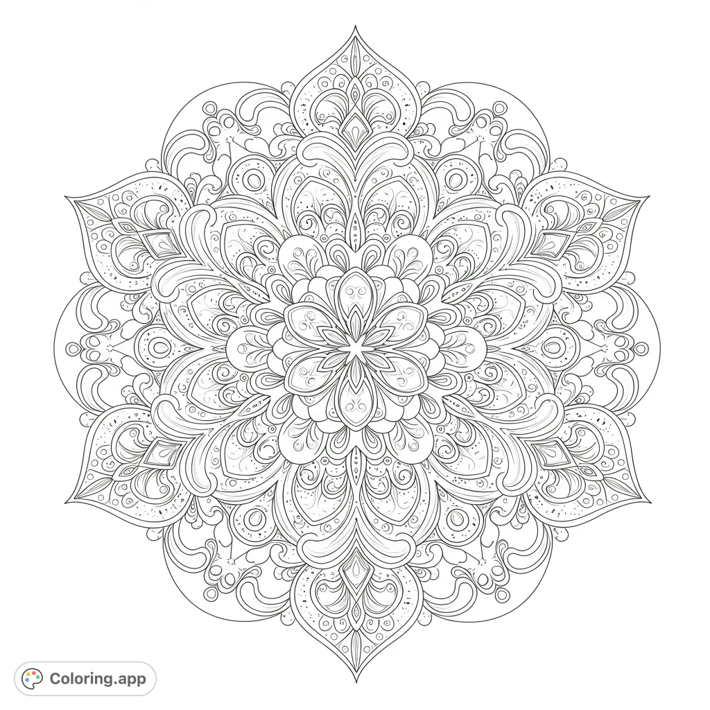 Discover an intricate symmetrical mandala with detailed floral and swirling patterns, perfect for mindful coloring and relaxation. A free printable coloring page.