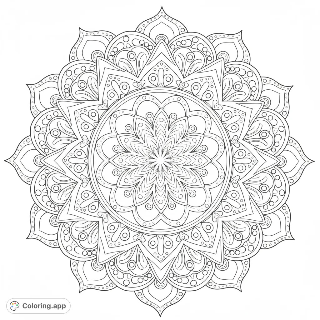 Unwind with this intricate mandala coloring page, featuring symmetrical patterns, delicate floral motifs, and geometric shapes for a meditative coloring experience.
