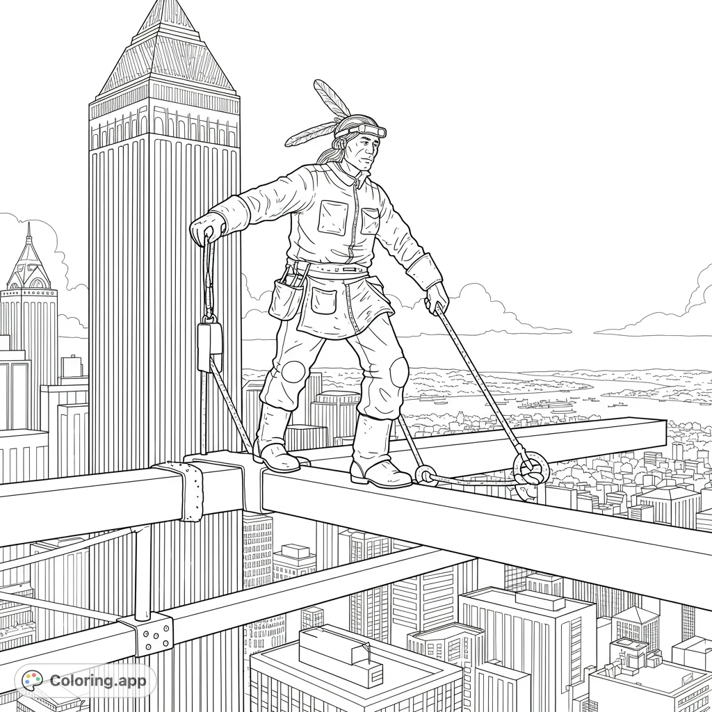 A Native American ironworker stands high on a skyscraper beam, overlooking a vast city. A powerful tribute to skill and heritage.