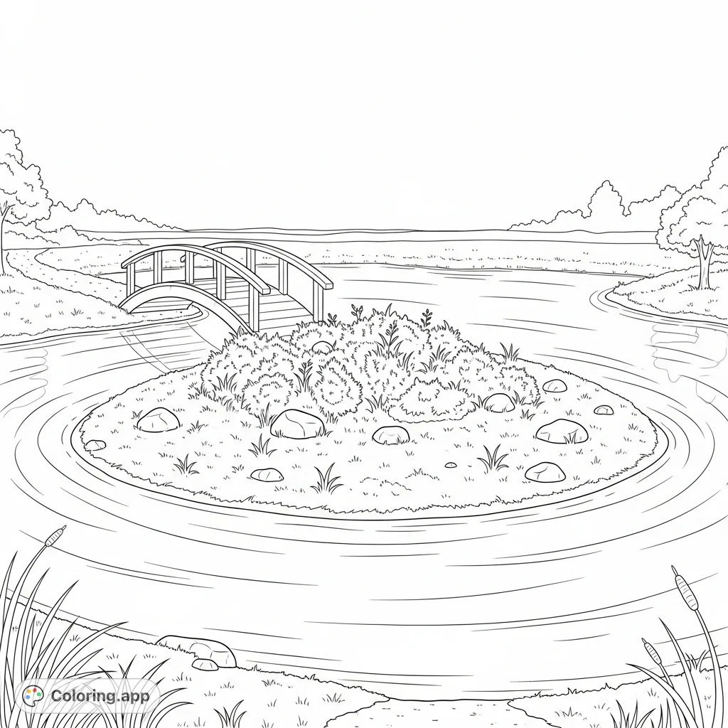 Discover tranquility with this coloring page depicting a serene small island in a pond, gracefully connected by a curved footbridge amidst gentle ripples.