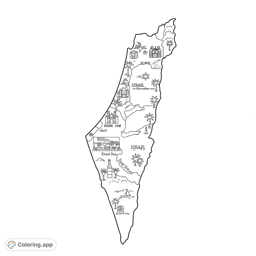 Explore Israel's iconic landmarks and diverse landscapes in this detailed map coloring page, perfect for all ages.