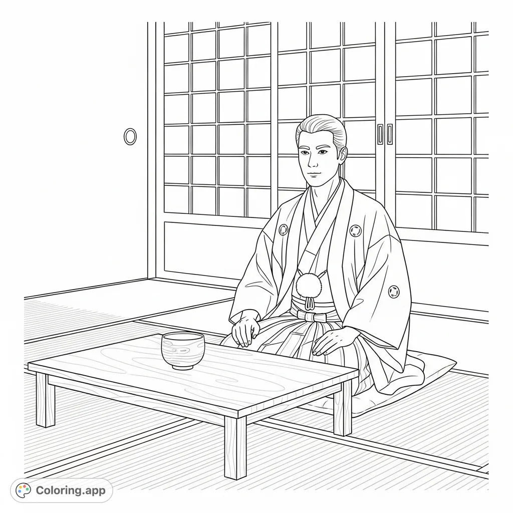 Immerse yourself in a serene Japanese scene featuring a man in traditional hakama and haori, seated on tatami mats amidst shoji screens and a tea bowl.