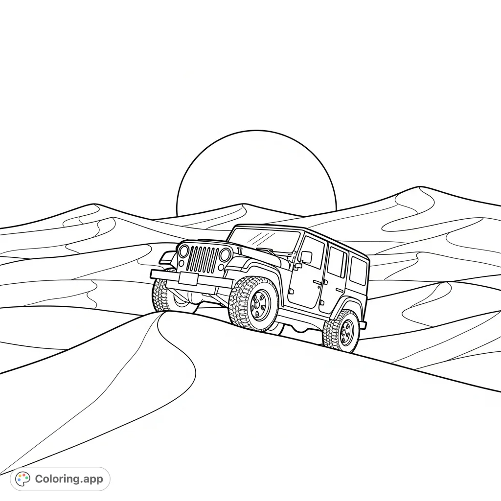 A rugged Jeep-style vehicle conquers a vast sand dune under a setting sun, with rolling dunes depicted as simple wave-like shapes in the background.
