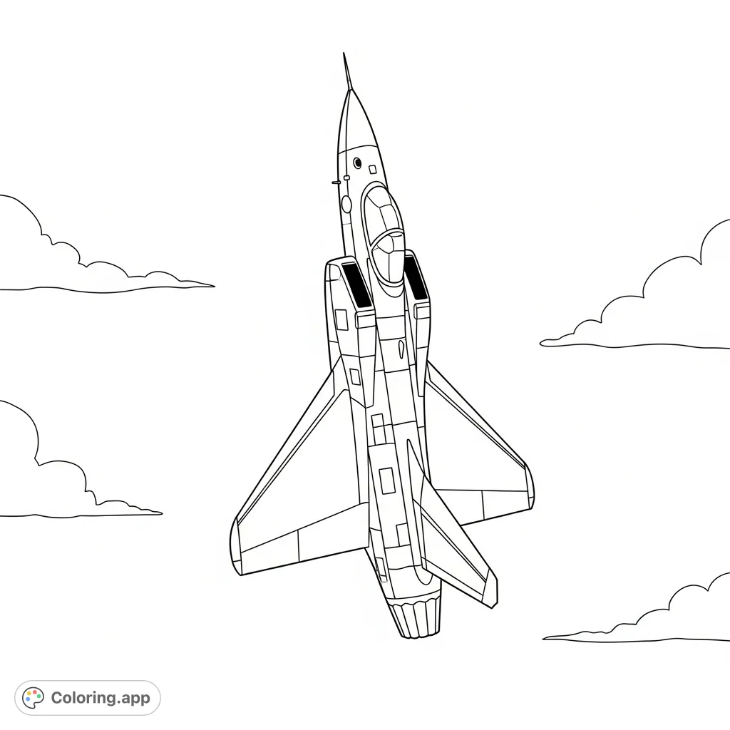 Experience the thrill of aviation with this detailed coloring page featuring a sleek jet aircraft performing a daring knife-edge pass against a vast sky.
