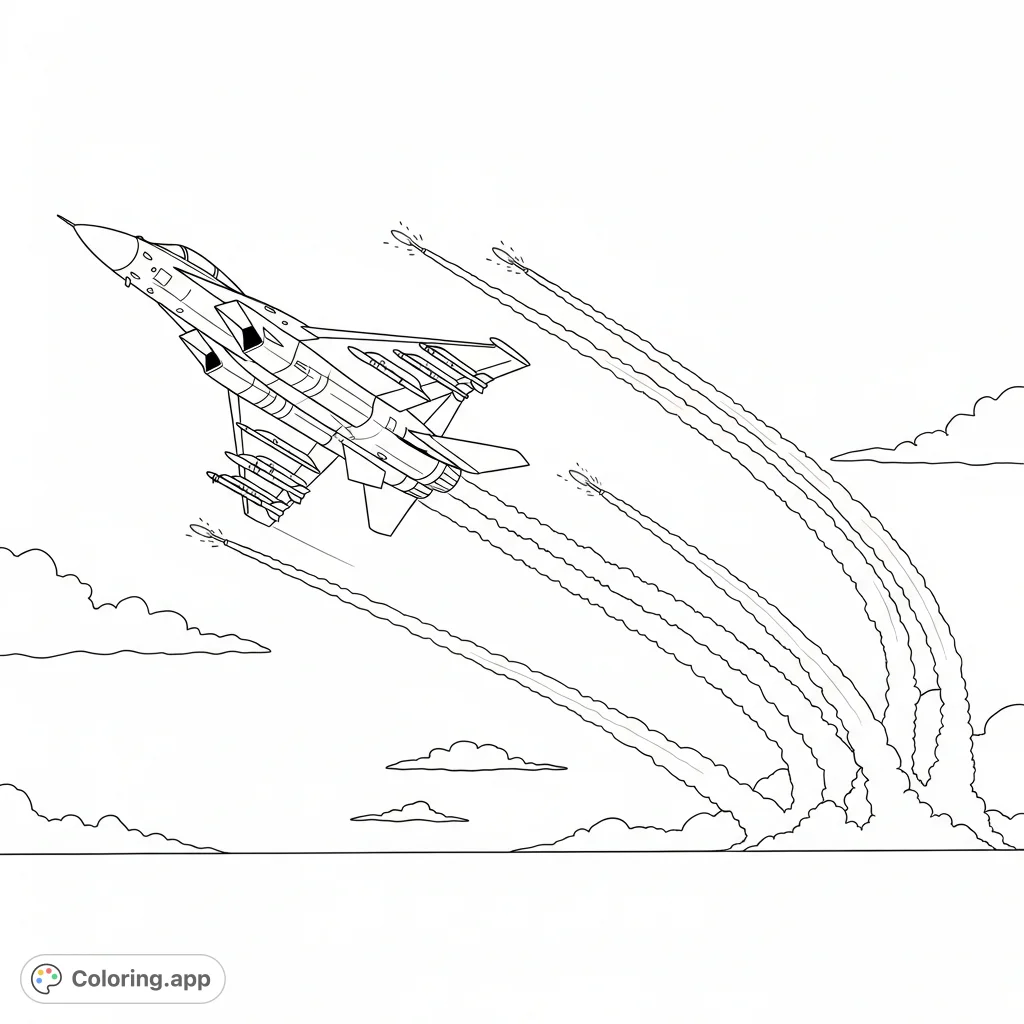 A dynamic coloring page featuring a military jet in ascent, deploying multiple flares with long, streaking trails against an open sky with distant clouds.