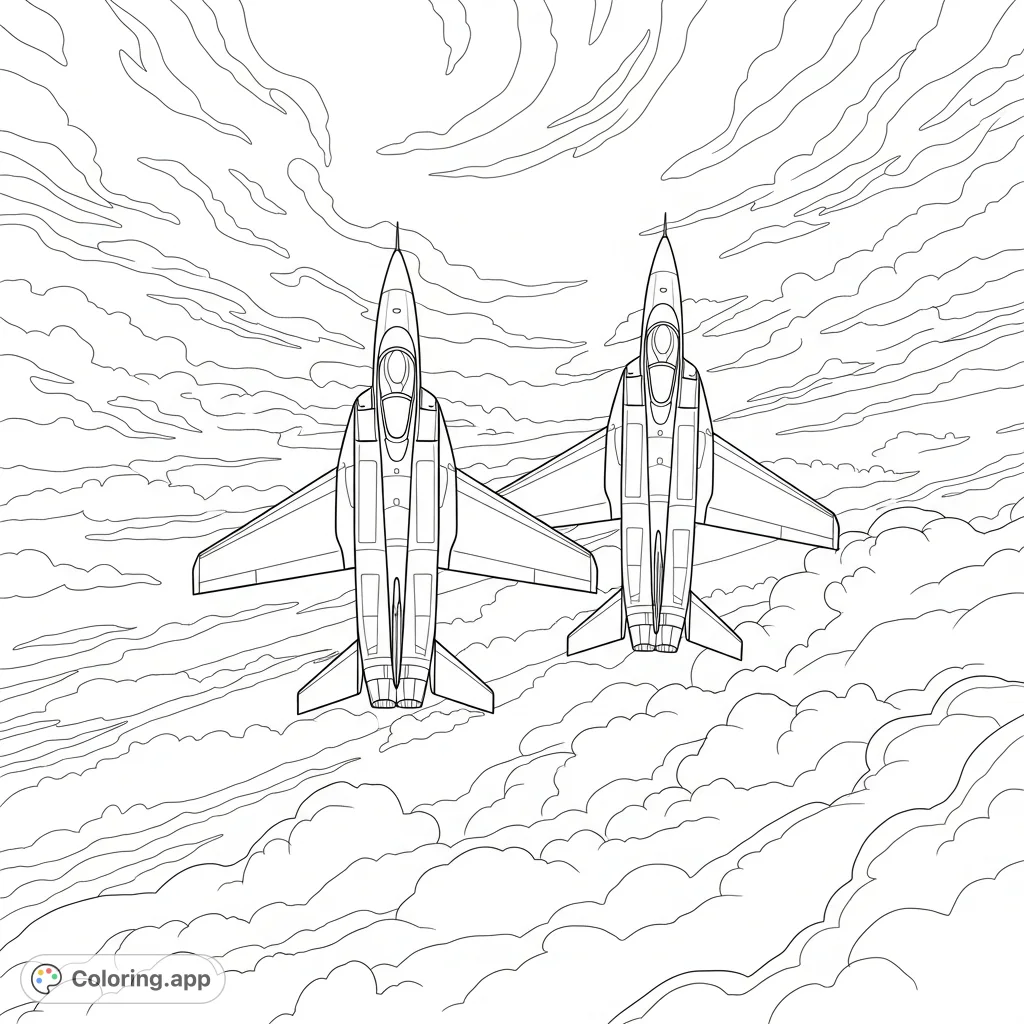 Experience the thrill of aviation with this coloring page featuring two sleek jets flying in perfect formation amidst dynamic cloudscapes. Perfect for all ages!