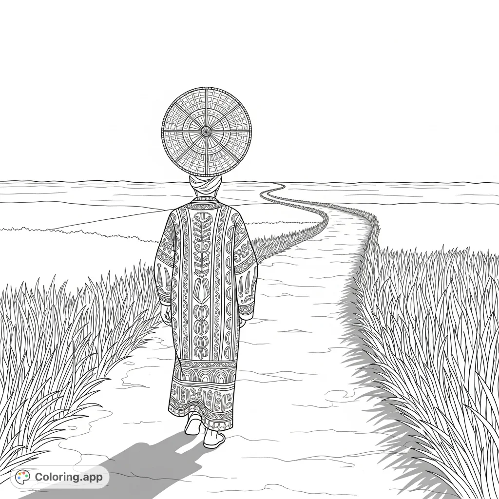 A solitary figure walks a winding path towards the horizon, balancing an intricately woven basket on their head, their patterned robe flowing in the light.