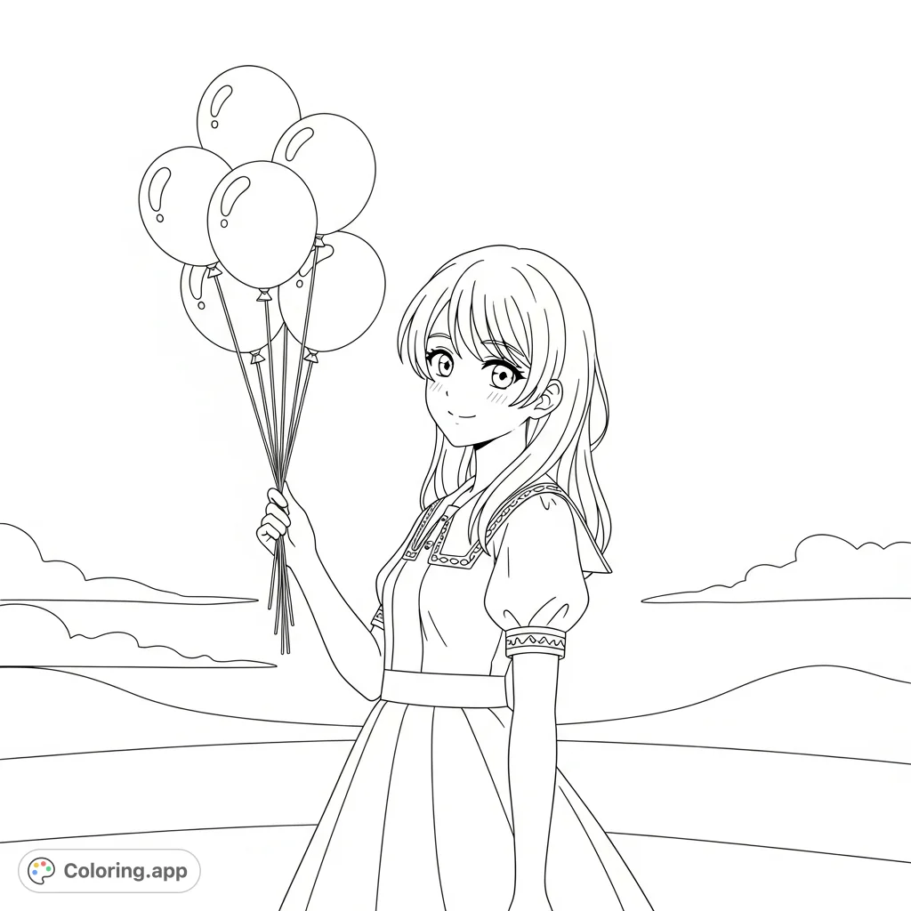 A charming anime girl joyfully holds a small cluster of balloons against a simple sky backdrop, offering ample space for creative coloring.