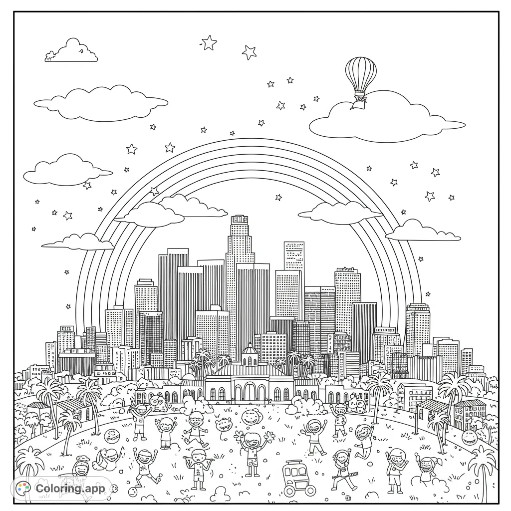 A vibrant cityscape under a rainbow, with happy children playing in a park. Features detailed buildings, palm trees, clouds, and stars for a fun coloring experience.