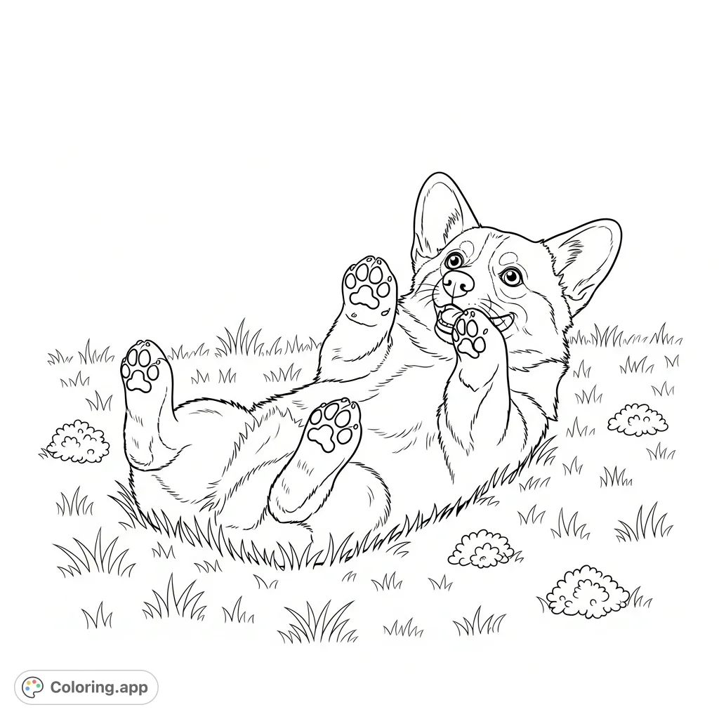 A delightful corgi rolls playfully on its back in soft grass, paws up, with a happy expression. Perfect for dog lovers of all ages to color!