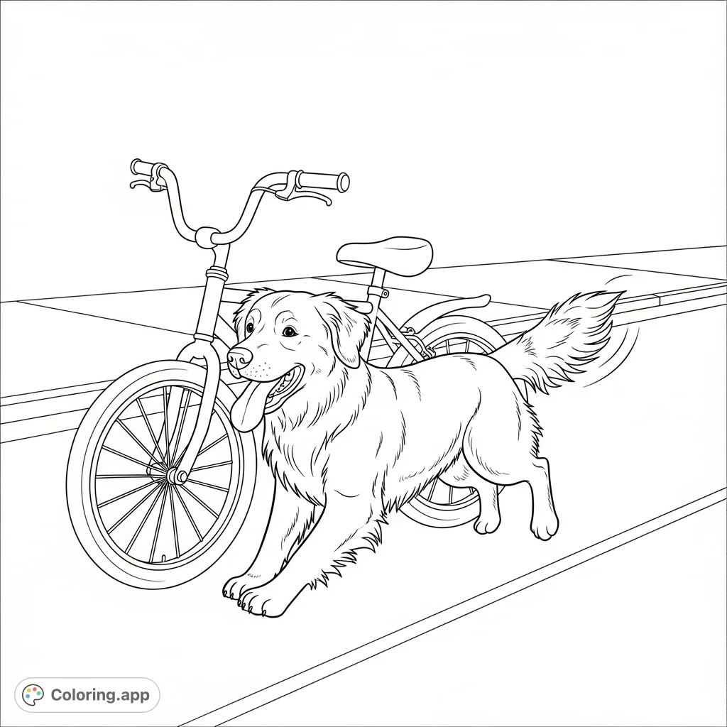 A cheerful golden retriever joyfully runs beside a child's bicycle on a clear street and sidewalk. A scene of playful movement and companionship.