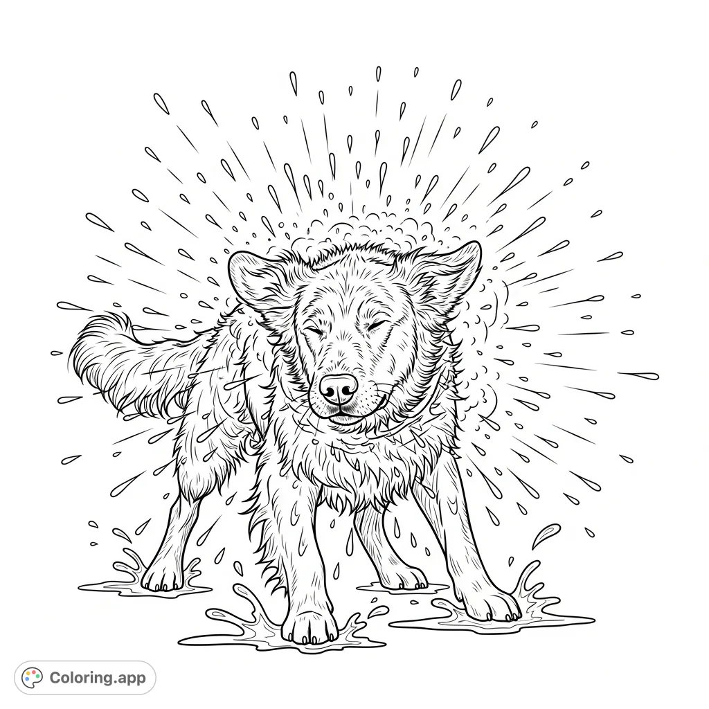 Capture the vibrant energy of a golden retriever shaking off water. Dynamic droplets radiate from its wet fur in an outdoor scene.