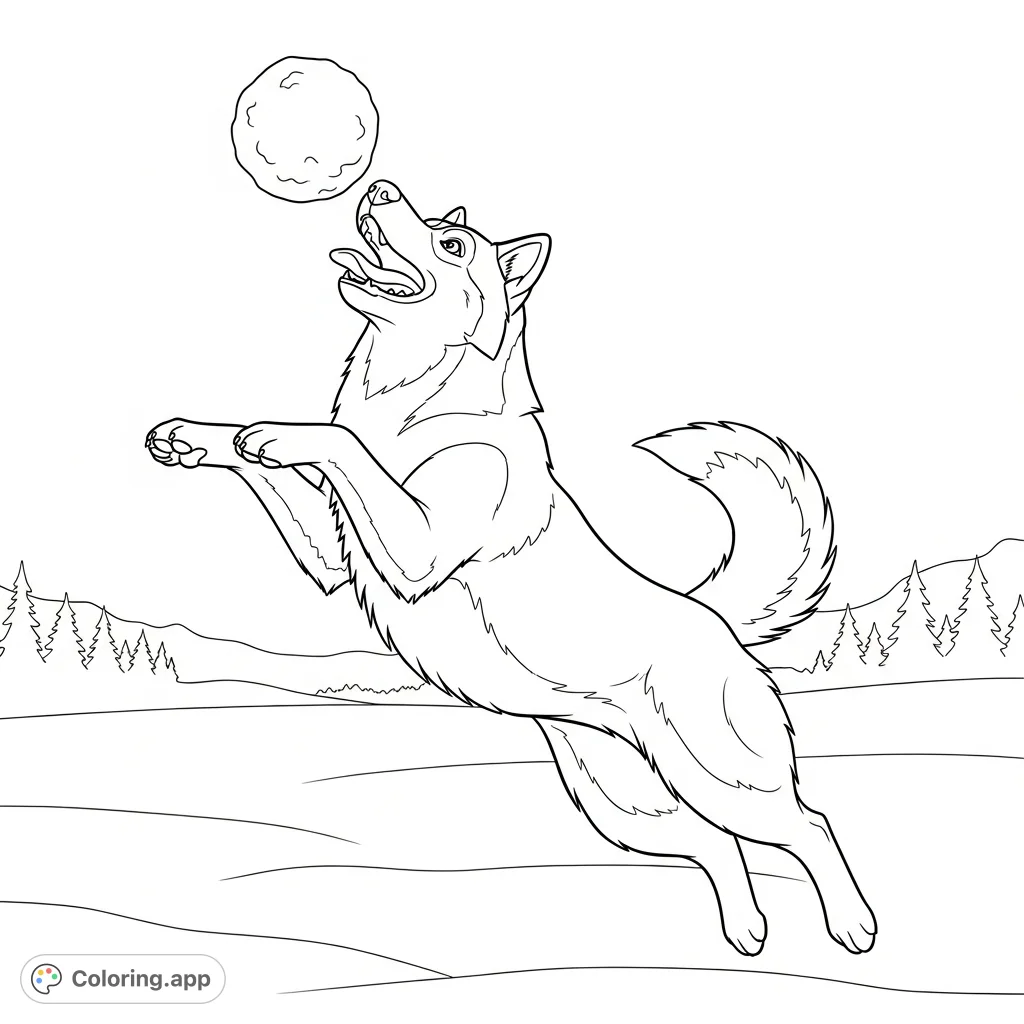 A playful husky leaps mid-air, catching a snowball with a joyful expression in a snowy field. Perfect for animal lovers and winter enthusiasts.