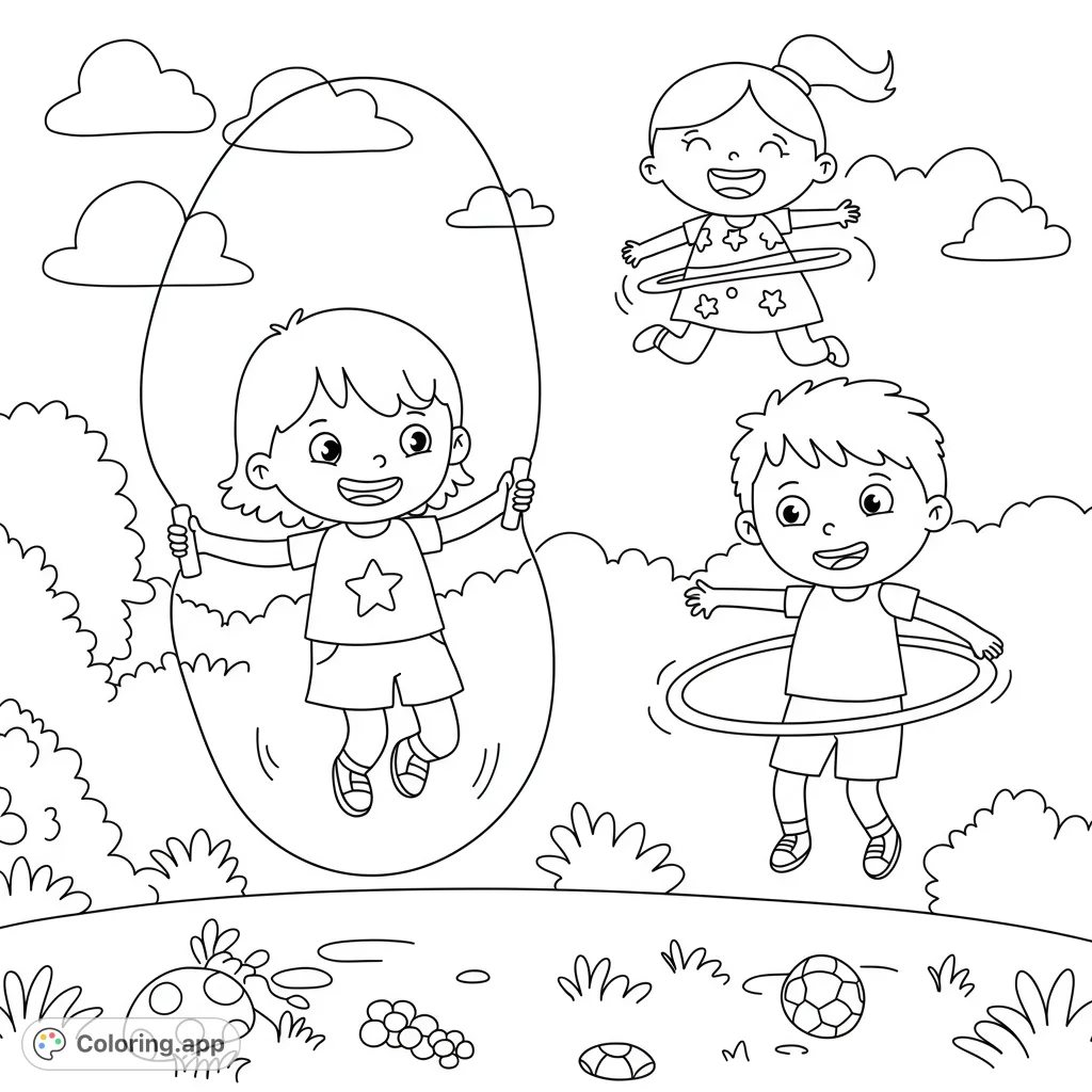 A delightful free printable coloring page featuring happy children jumping rope and hula-hooping outdoors, perfect for kids to enjoy.
