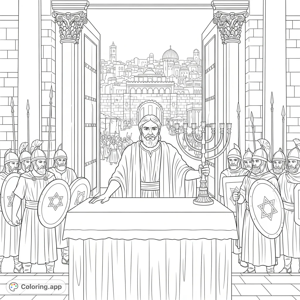 Experience a powerful historical moment with this Judas Maccabeus coloring page. Depicting the Temple's reconsecration, surrounded by warriors and a gleaming menorah.