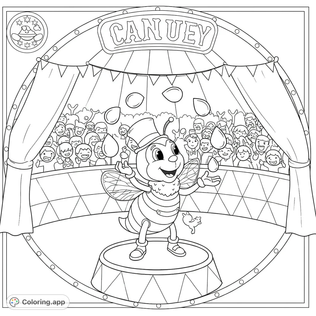 A delightful circus bee juggling act! This free printable coloring page features a cheerful bee, an excited audience, and a vibrant big top scene.
