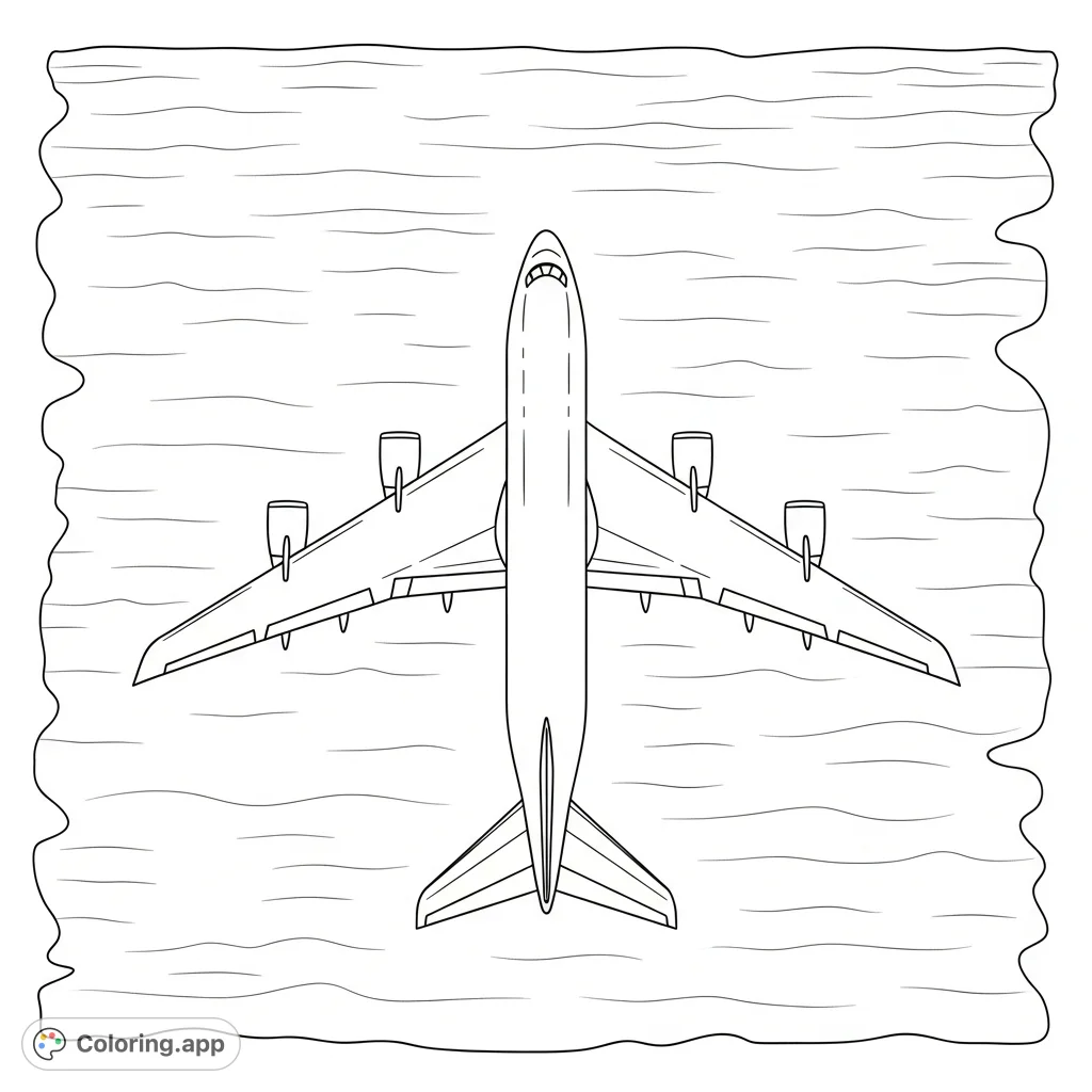 A majestic jumbo jet soars high above serene ocean waves, viewed from directly above. An expansive sky and calm sea await your creative touch.