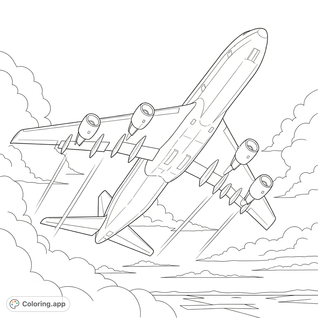 Color a powerful jumbo jet in a dramatic steep climb, soaring through wispy clouds. Simplified engines and vast sky offer a thrilling aviation scene.