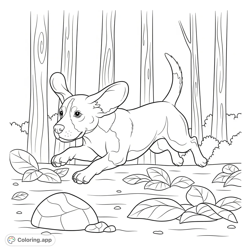 A joyful beagle leaps over a small rock in a simplified forest, capturing a moment of playful energy. Perfect for all ages to color and enjoy.