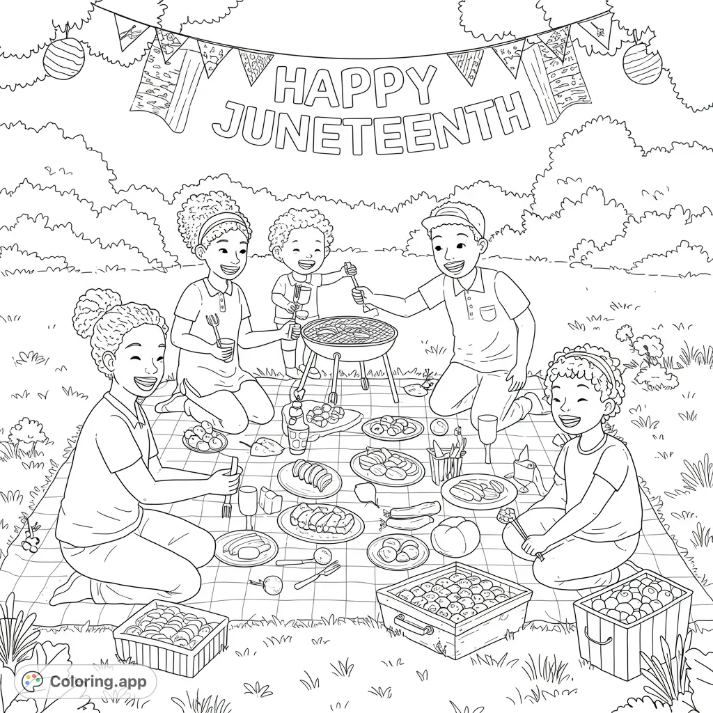 Celebrate Juneteenth with a joyful family picnic and BBQ. This free printable coloring page features a happy gathering, perfect for all ages.