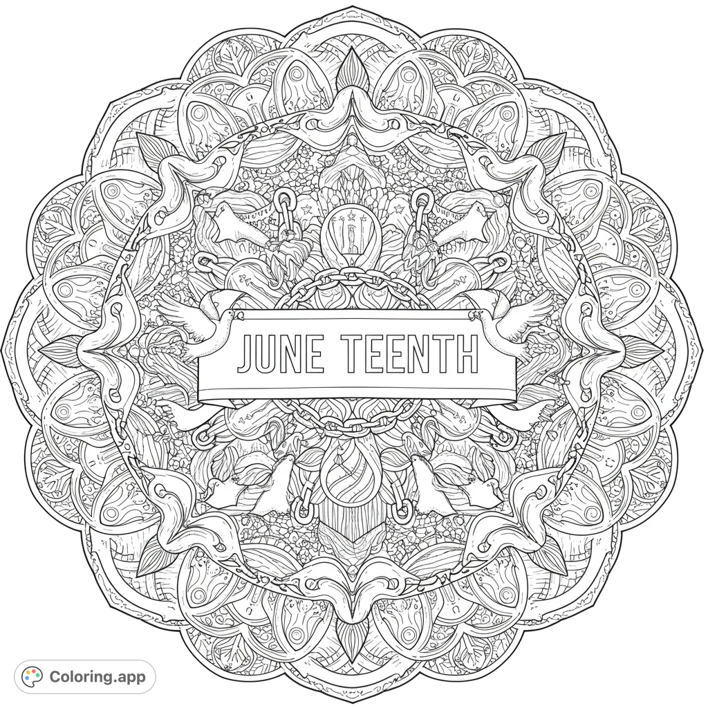 Celebrate Juneteenth with this intricate mandala coloring page featuring doves, broken chains, and symbolic patterns. A free printable for all ages.