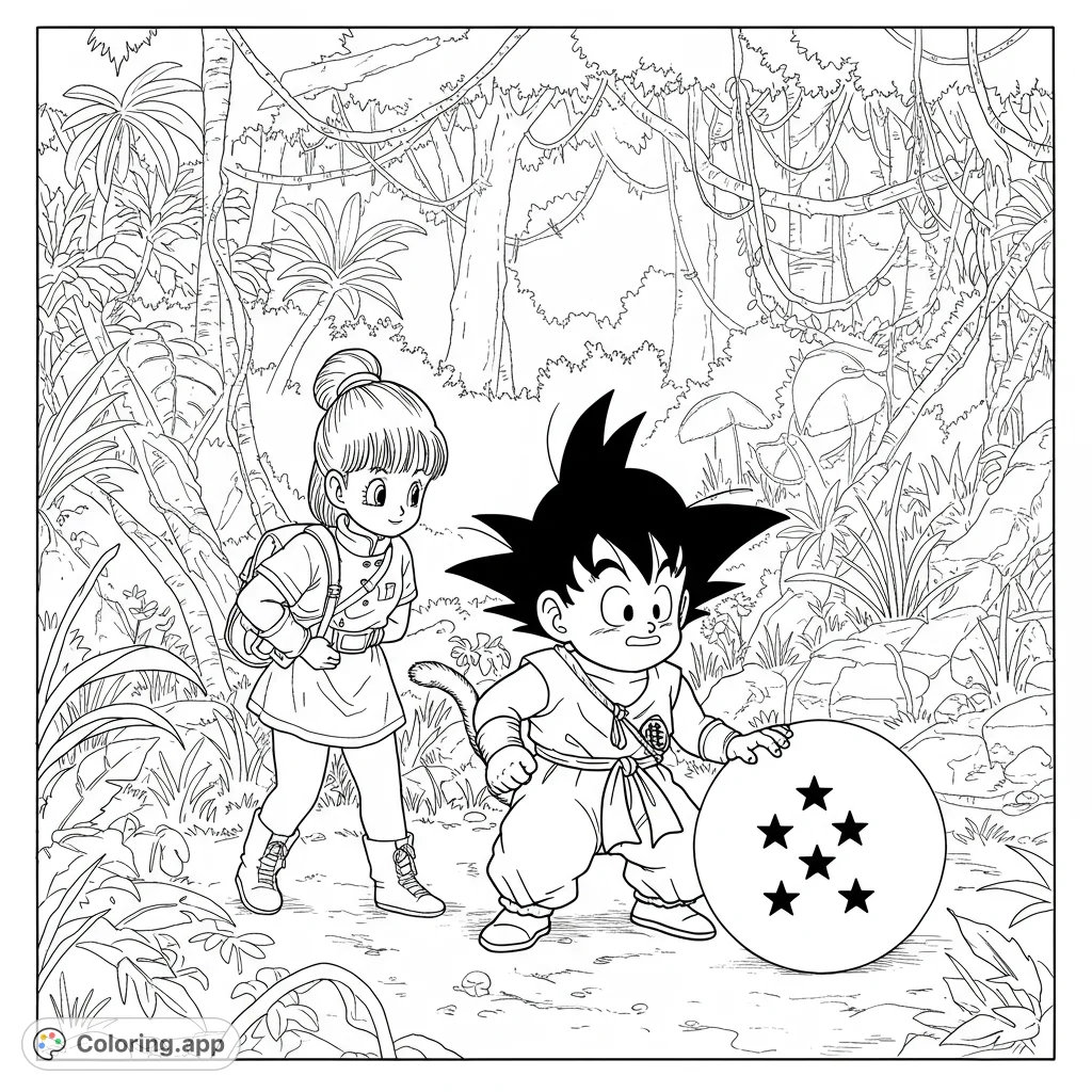 Embark on an anime adventure! A spiky-haired boy and a girl with a bun explore a dense jungle, discovering a mystical starred orb.