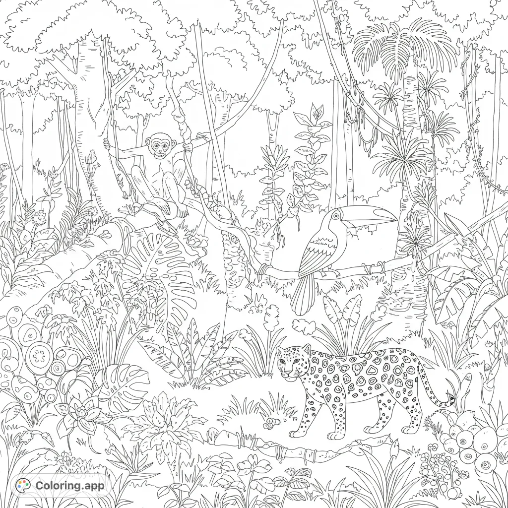 Explore a vibrant jungle scene featuring a majestic jaguar, playful monkey, and colorful toucan amidst lush foliage. A detailed nature adventure awaits!