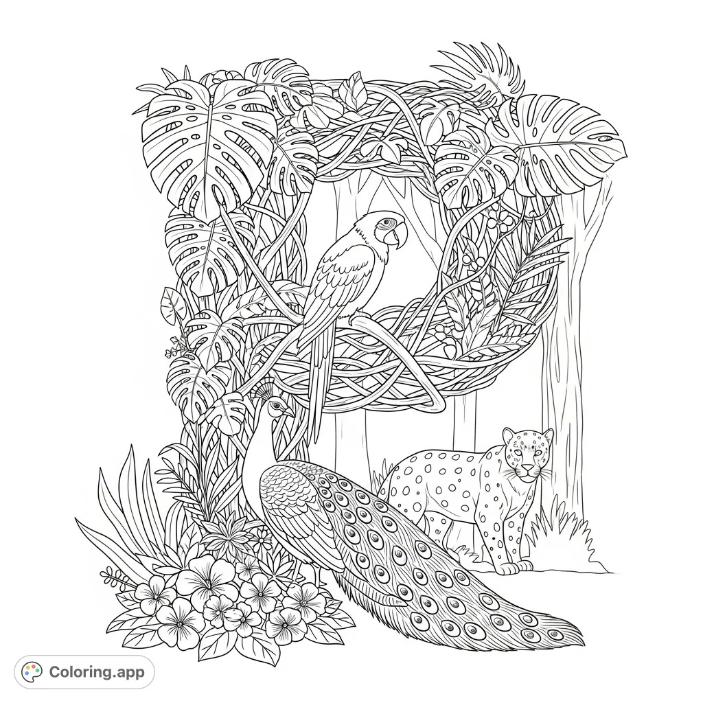 Explore a captivating jungle scene where a majestic letter P is formed by vines and tropical plants, adorned by a parrot, peacock, and hidden panther.