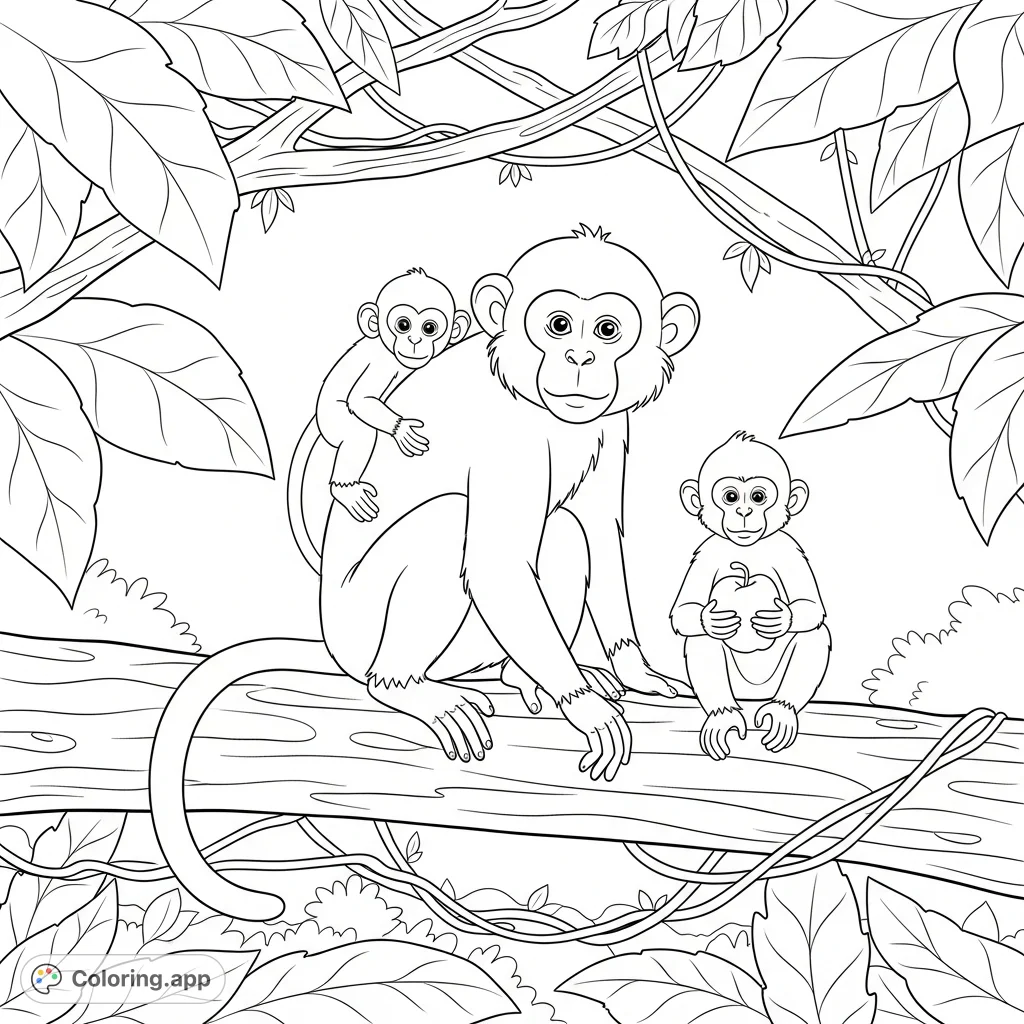 A delightful coloring page featuring a playful monkey family on a sturdy tree branch amidst a lush jungle, perfect for nature lovers and kids.