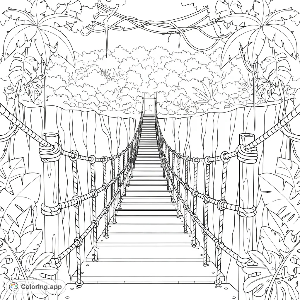 Cross a thrilling jungle gorge on a sturdy rope bridge, surrounded by simplified tropical foliage and a vast canopy. Perfect for adventure lovers!