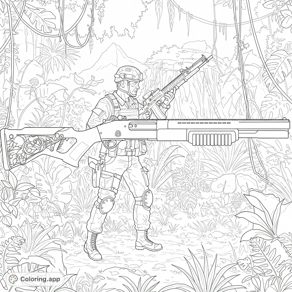 A detailed jungle soldier coloring page featuring a tactical operative with a rifle and a prominent ornate shotgun, set against a lush rainforest.