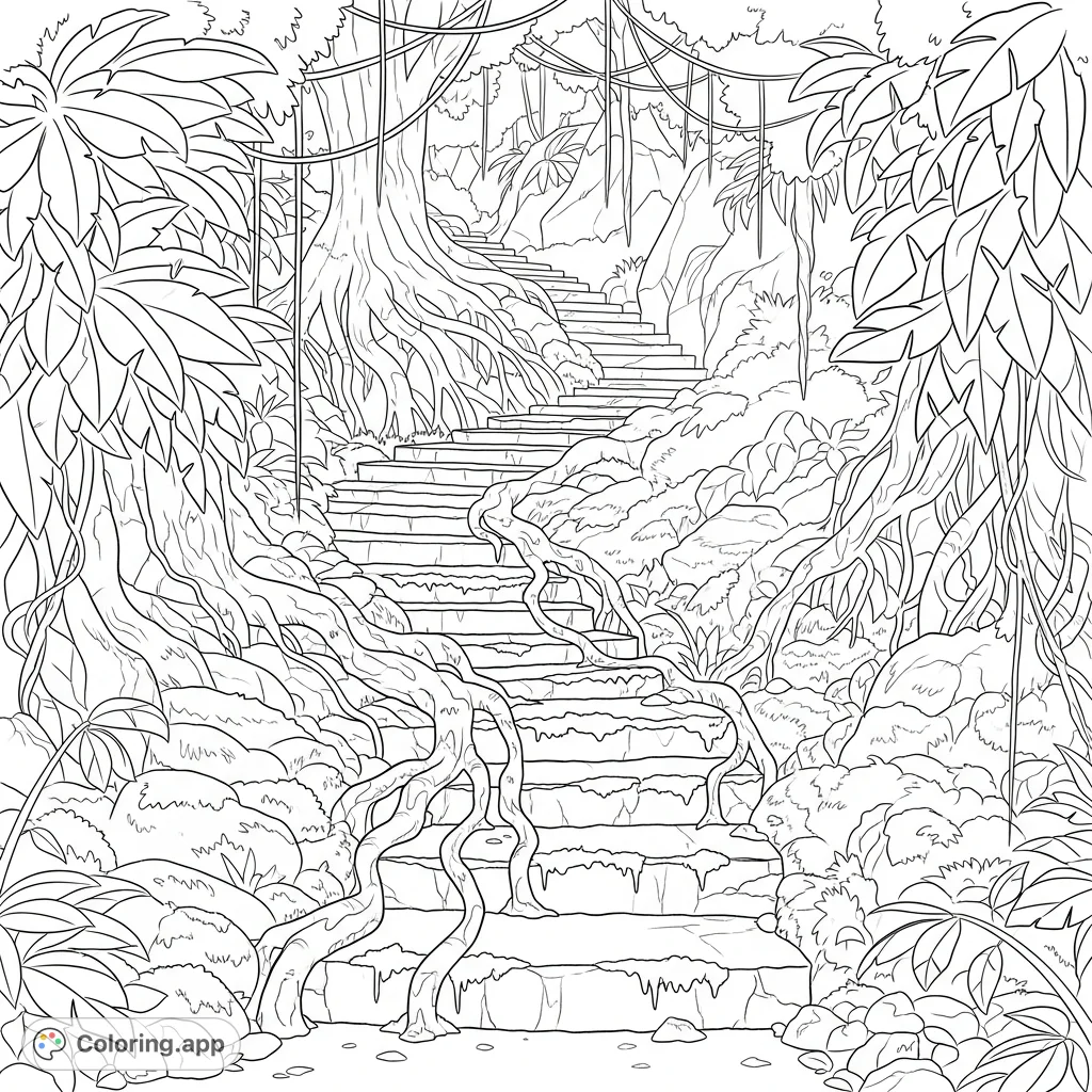 An intricate coloring page depicting a moss-covered rock staircase winding deep into a dense jungle, with gnarled tree roots embracing the stone steps.