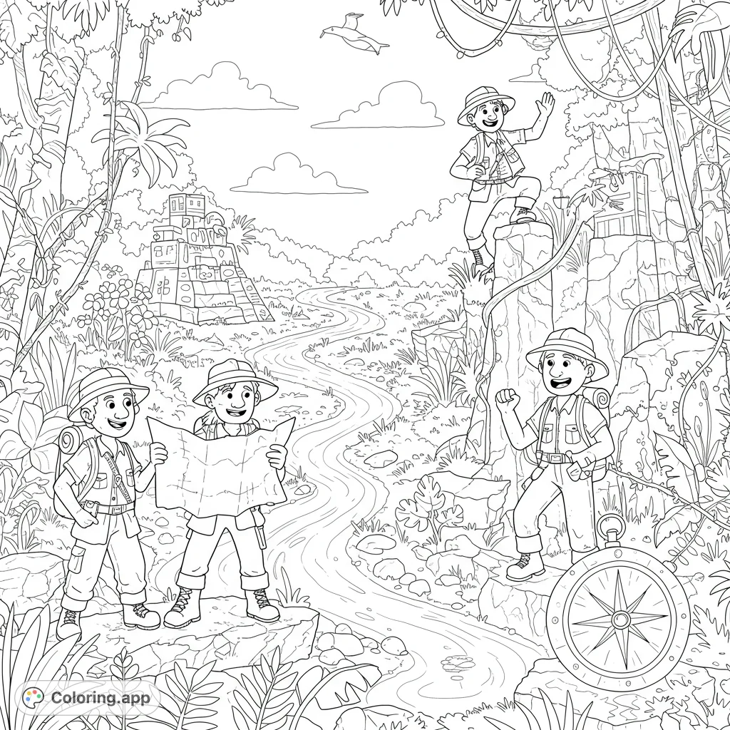 Embark on a thrilling jungle expedition coloring page! Four young explorers navigate a lush rainforest with an ancient temple, winding river, and hidden treasures.