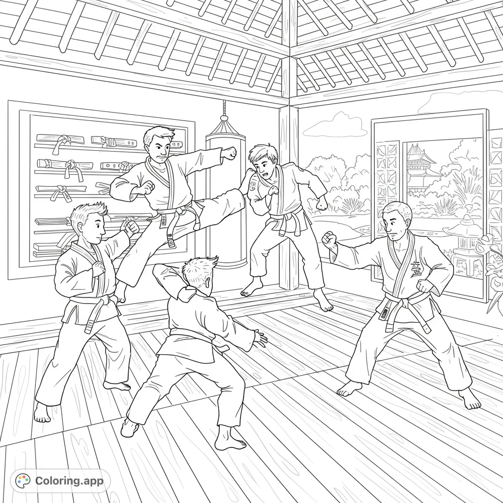 Dynamic martial arts coloring page featuring five students practicing karate in a traditional dojo with a scenic garden view. Perfect for action fans!