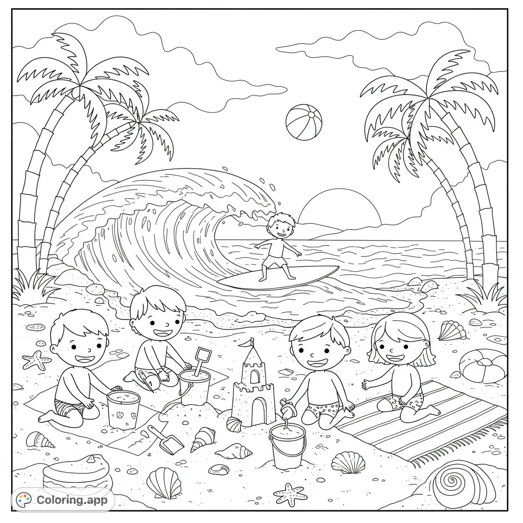 A lively beach scene with kids building sandcastles, a boy surfing a wave, and palm trees. Perfect for a fun summer coloring page adventure!