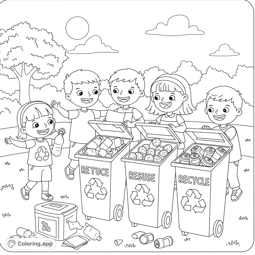 An engaging recycling coloring page featuring happy kids sorting waste. A free printable eco-friendly activity for kids and adults.