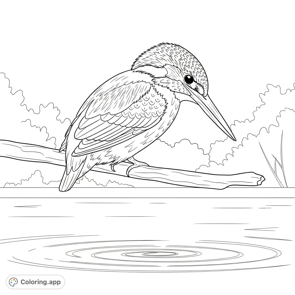 A vibrant kingfisher perches on a branch above calm water, perfectly poised and ready for its swift dive. Detailed feathers and gentle water ripples.