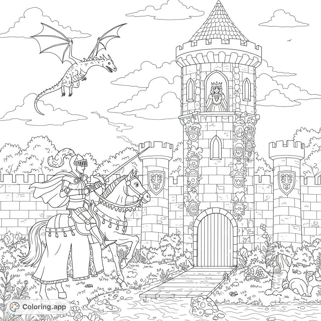 Embark on a medieval fantasy quest! A brave knight on horseback faces a flying dragon before a grand castle where a princess awaits.