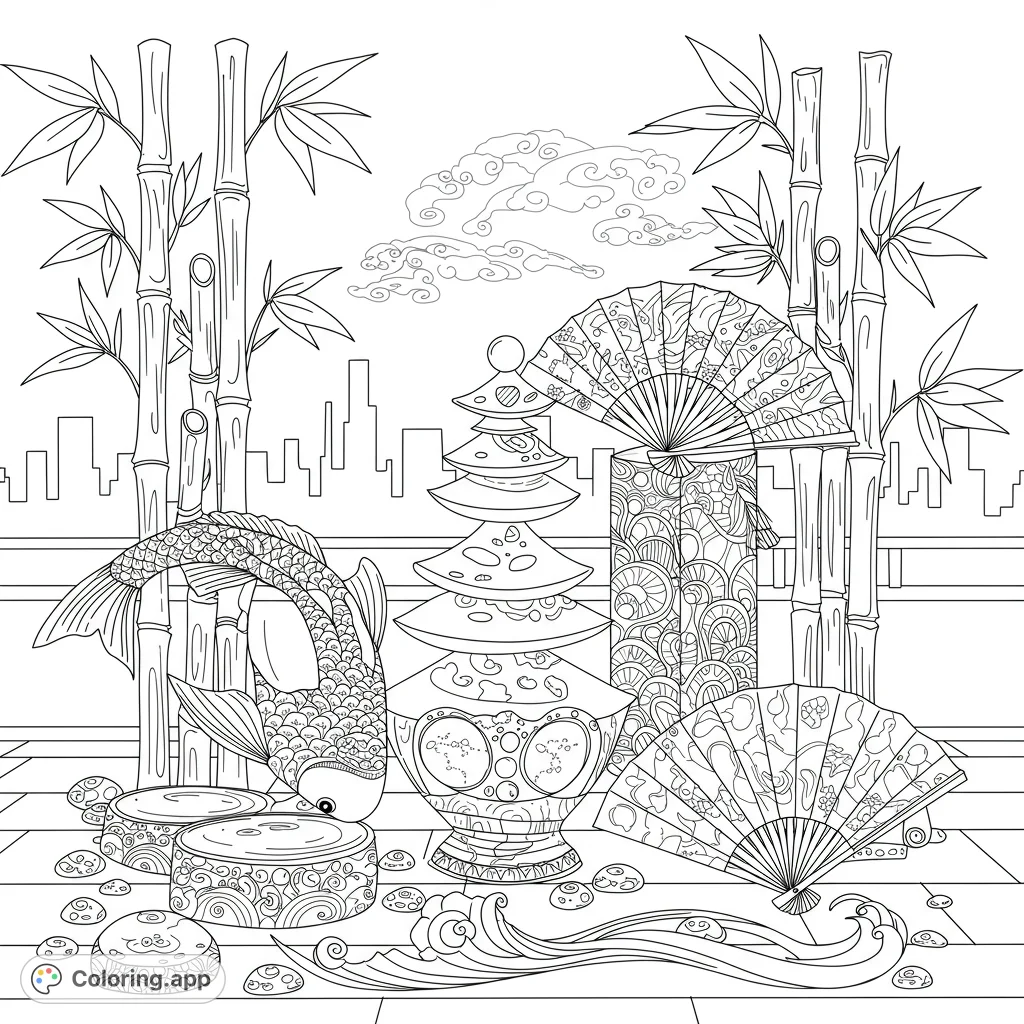 Immerse yourself in a serene Japanese garden scene featuring a majestic koi fish, elegant bamboo, ornate fans, and a pagoda lantern, perfect for mindful coloring.