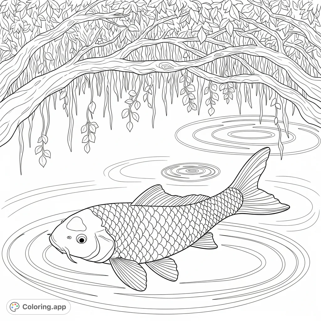 A serene koi fish swims gracefully beneath arching branches, with gentle water ripples, offering a peaceful and detailed coloring experience.