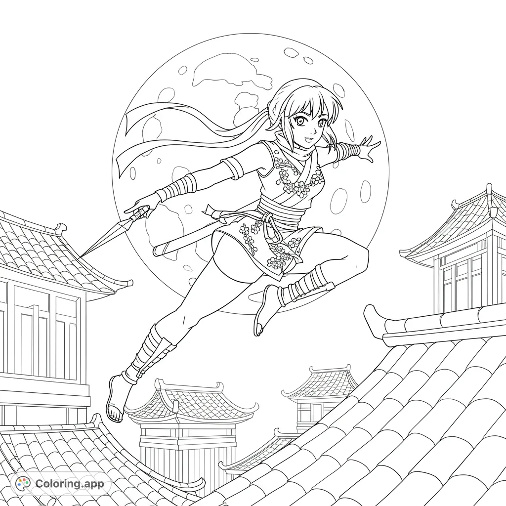 Dynamic kunoichi leaps over traditional rooftops under a full moon. Intricate details on her outfit and the buildings make this a captivating ninja coloring page.