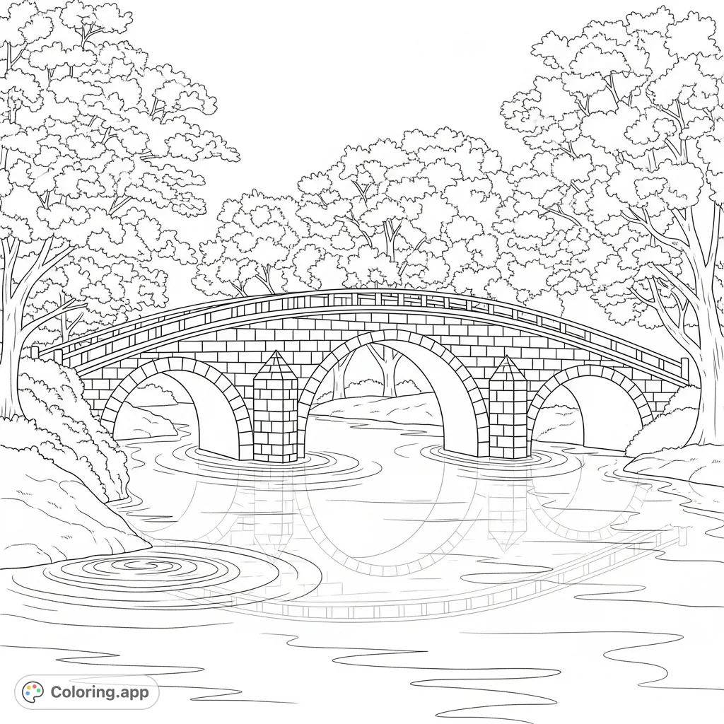 A multi-arched stone bridge gracefully spans a serene lake, surrounded by simplified cherry blossoms in a picturesque garden setting. Perfect for relaxation.