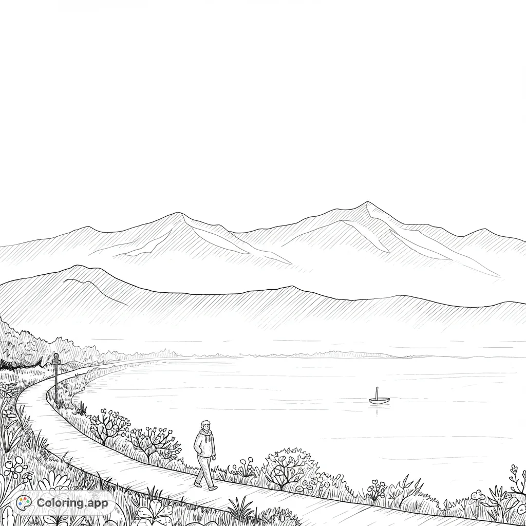 Explore a serene nature landscape coloring page featuring a person walking a curved path by a lake with majestic mountains in the background. Free printable coloring page for all ages.