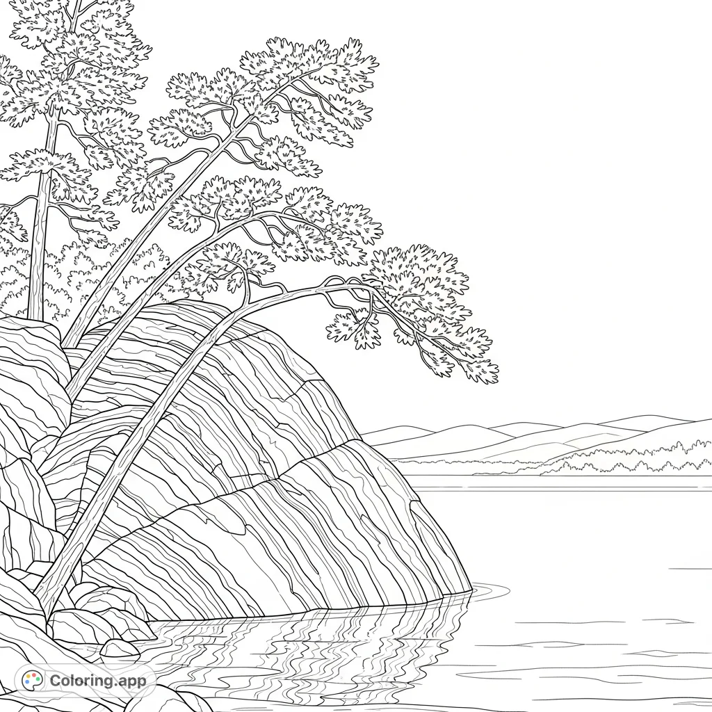 A tranquil lakeside scene featuring a rugged rock formation, slender pine trees leaning over calm water, and distant rolling hills under an open sky.