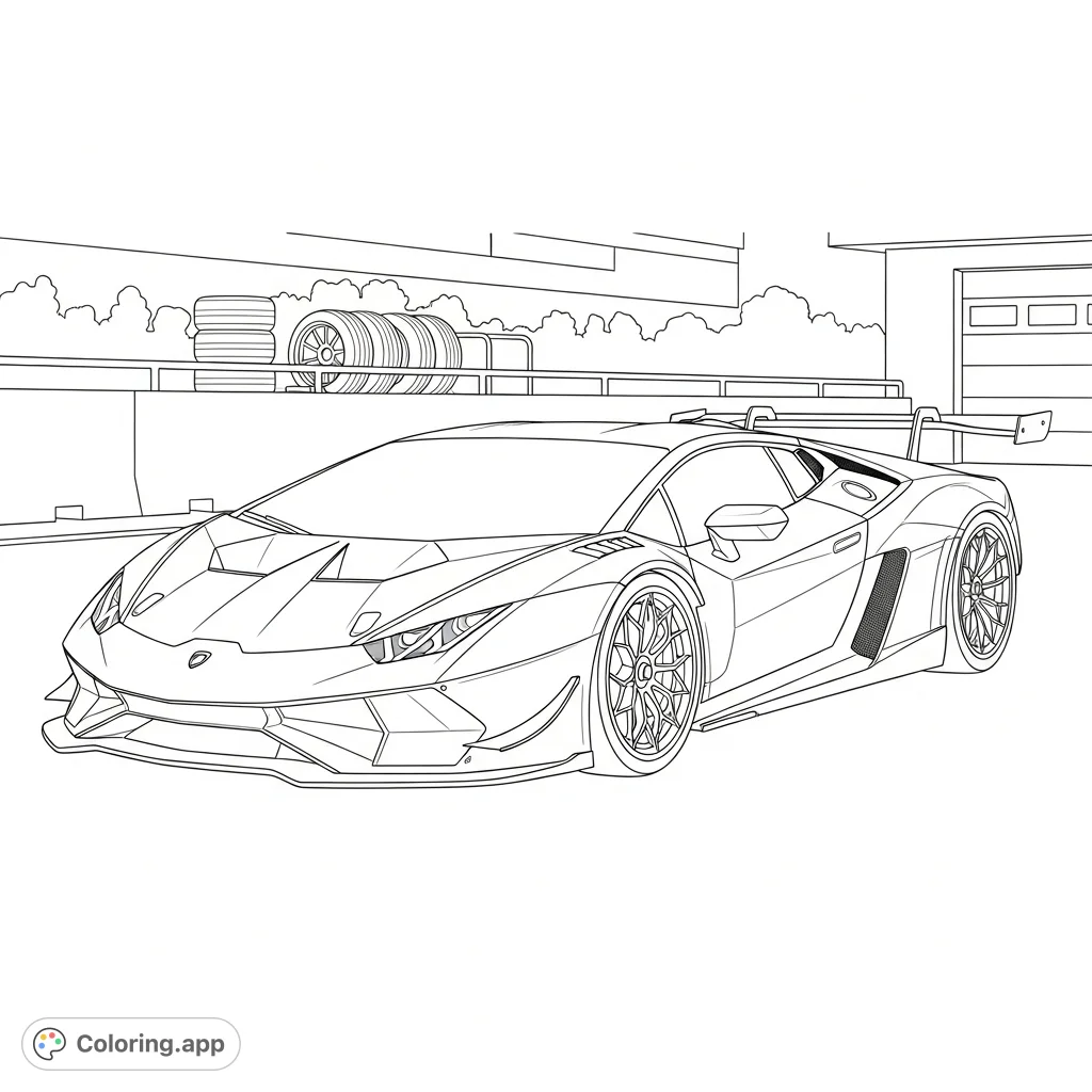 Color a dynamic Lamborghini-style race car with aerodynamic winglets in a simplified pit lane. Perfect for car enthusiasts and detailed coloring.