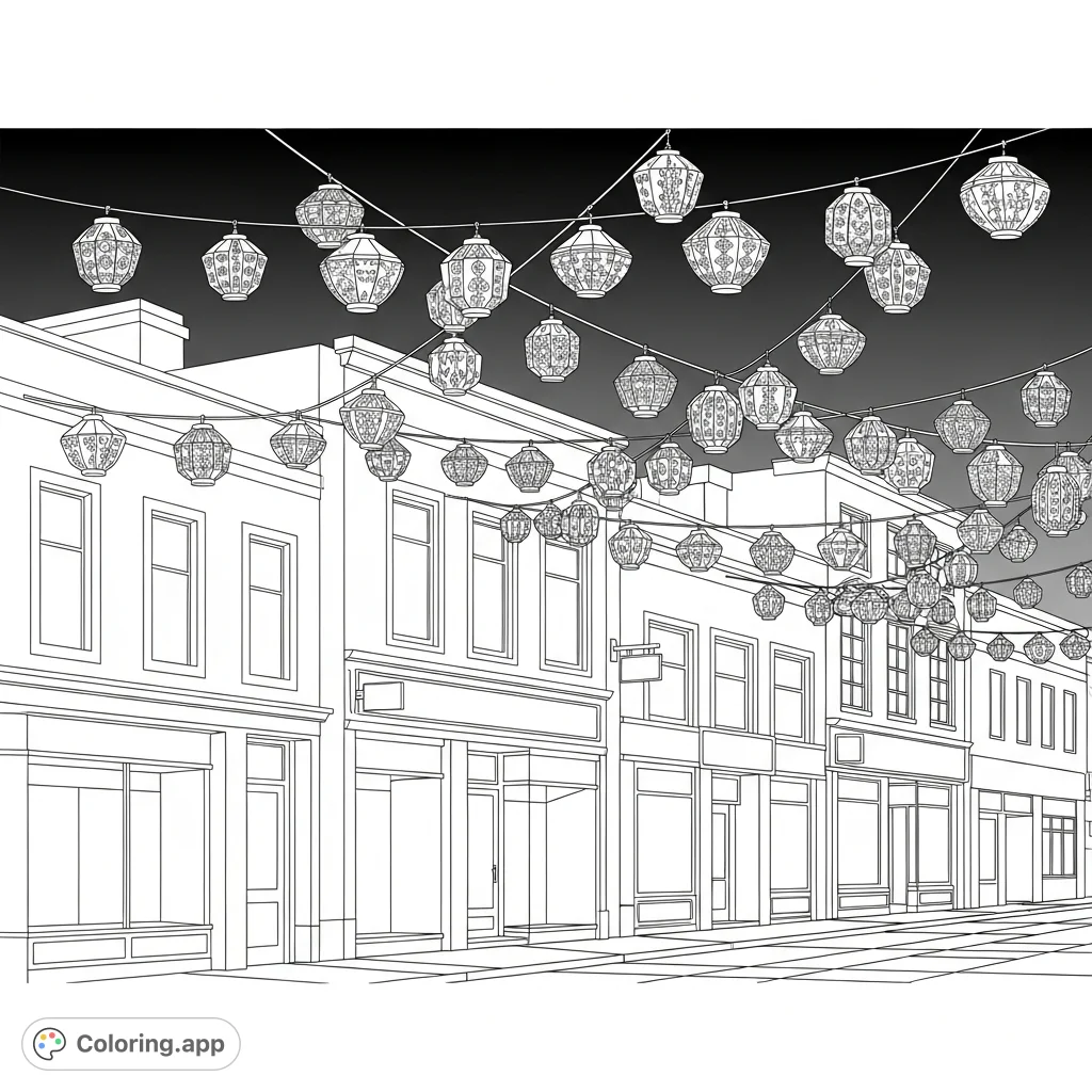 Explore a serene night street with charming shopfronts and intricate decorative lanterns. Perfect for capturing the magic of an evening stroll.
