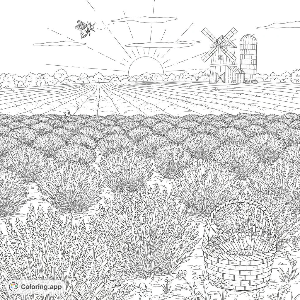 Immerse yourself in a serene lavender field at sunset, featuring a charming farm, windmill, and a busy bee. A free printable lavender field coloring page.